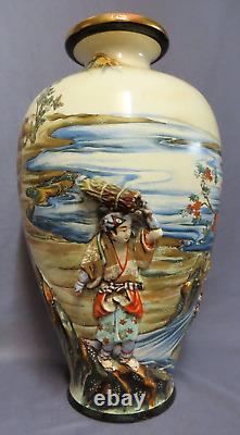 Impressive large antique Japanese Satsuma figural baluster vase by Ryokuzan