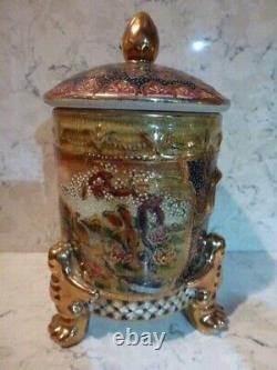 Japan Satsuma Lidded & Footed Jar with Elaborate Design Very Ornate! Lots of GOLD