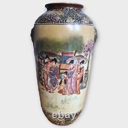 Japanese Antique Satsuma Porcelain Large Vase Moriage Hand Painted 30cm / 1ft