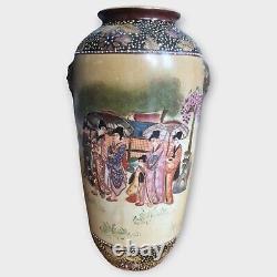 Japanese Antique Satsuma Porcelain Large Vase Moriage Hand Painted 30cm / 1ft