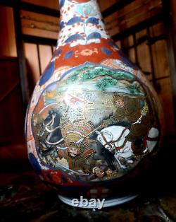 Japanese Imari ware Antique Satsuma Style SAMURAI WAR Gold & Red Vase T=18'