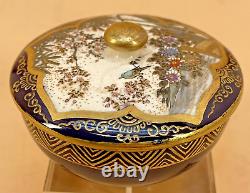 Japanese Meiji Cobalt-Blue Satsuma Jar With Bird & Sakura Decoration, Signed