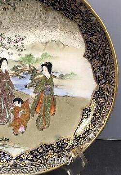 Japanese Meiji Cobalt-Blue Satsuma Plate with Aristocrats & Landscape, Signed