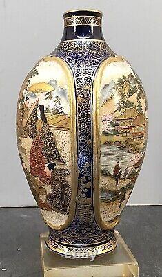 Japanese Meiji Cobalt-Blue Satsuma Vase with Aristocrats & Landscape, Signed