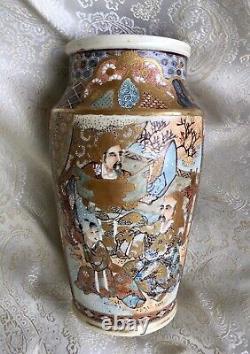 Japanese Meiji Era Antique Enameled Satsuma Vase Emperor Scholars -8.5