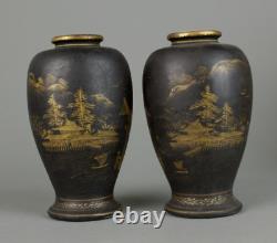 Japanese Meiji Pair of Black Satsuma Ware Vases Shrine Entrance, temple