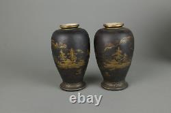 Japanese Meiji Pair of Black Satsuma Ware Vases Shrine Entrance, temple