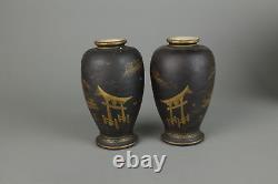 Japanese Meiji Pair of Black Satsuma Ware Vases Shrine Entrance, temple