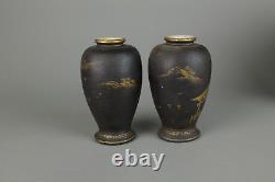 Japanese Meiji Pair of Black Satsuma Ware Vases Shrine Entrance, temple