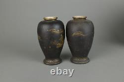 Japanese Meiji Pair of Black Satsuma Ware Vases Shrine Entrance, temple