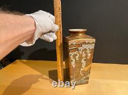 Japanese SATSUMA 4-Sided Vase RAKAN & SERPENT Taisho Period 1012-1925 SIGNED