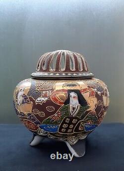 Japanese Satsuma Ceramic Incense Burner Moriage Gilt Kannon & 5 Immortals 16 cm