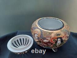 Japanese Satsuma Ceramic Incense Burner Moriage Gilt Kannon & 5 Immortals 16 cm