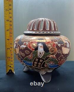 Japanese Satsuma Ceramic Incense Burner Moriage Gilt Kannon & 5 Immortals 16 cm