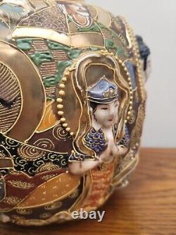Japanese Satsuma Ginger Jar & Cover. Raised Relief Warrior Goddess Signed