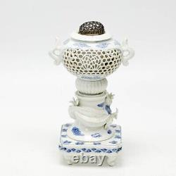 Japanese Satsuma Hirado Ware Porcelain & Silver Dragon Koro Incense Vase Meiji