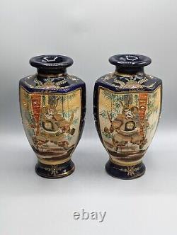 Japanese Satsuma Mirror Pair Vases, Samurai Shimazu, Moriage, Mark, Cobalt Blue