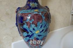 Japanese Satsuma Pottery 29.7cm Brown Vase + Tubeline Blue Shaded Flower Design