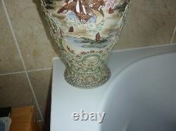 Japanese Satsuma Pottery 54.8cm Vase With Three Samurai, Flower & Moriage Design