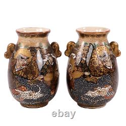 Japanese Satsuma Pottery Vases Moriage Immortal Haloed Warriors Signed c1890