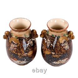Japanese Satsuma Pottery Vases Moriage Immortal Haloed Warriors Signed c1890