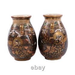 Japanese Satsuma Pottery Vases Moriage Immortal Haloed Warriors Signed c1890