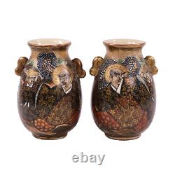 Japanese Satsuma Pottery Vases Moriage Immortal Haloed Warriors Signed c1890