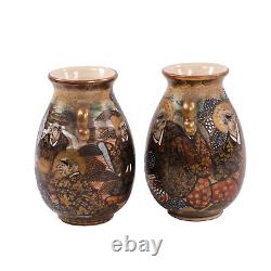 Japanese Satsuma Pottery Vases Moriage Immortal Haloed Warriors Signed c1890