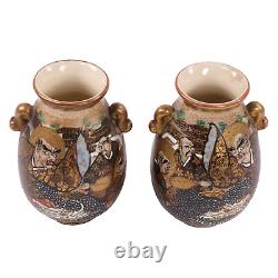 Japanese Satsuma Pottery Vases Moriage Immortal Haloed Warriors Signed c1890