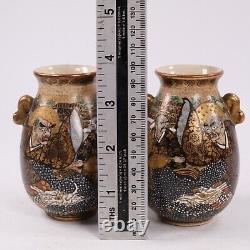 Japanese Satsuma Pottery Vases Moriage Immortal Haloed Warriors Signed c1890