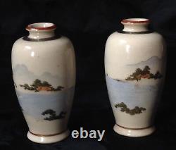 Japanese Satsuma Pr. Vases Hand Painted With Gold Leaf Antique C1880-1900 Signed