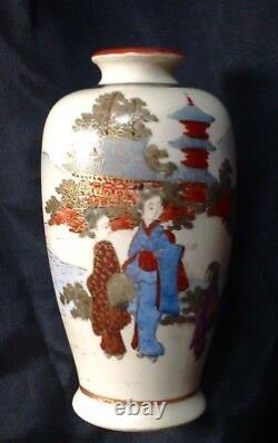 Japanese Satsuma Pr. Vases Hand Painted With Gold Leaf Antique C1880-1900 Signed