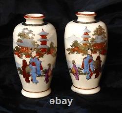 Japanese Satsuma Pr. Vases Hand Painted With Gold Leaf Antique C1880-1900 Signed