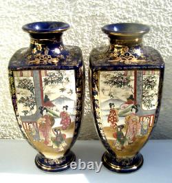 Japanese Satsuma Vases Pair Blue Ground Antique Meiji Period Geisha Figures 30cm