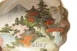 Japanese Satsuma Ware Pottery Bowl with Mount Fuji & Pagodas Signed Shizan