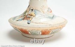 Japanese Satsuma Ware Pottery Vase Pair with Dragons & Figures Antique c1900