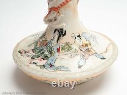 Japanese Satsuma Ware Pottery Vase Pair with Dragons & Figures Antique c1900