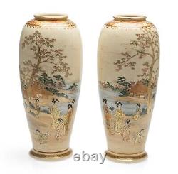 Japanese Satsuma Ware Vase Pair by Koshida Family Outing Meiji Period c1890