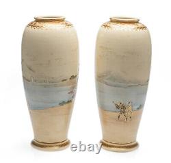 Japanese Satsuma Ware Vase Pair by Koshida Family Outing Meiji Period c1890