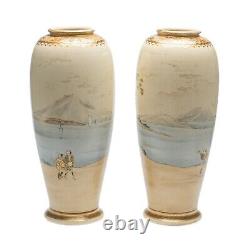 Japanese Satsuma Ware Vase Pair by Koshida Family Outing Meiji Period c1890