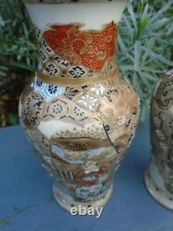 Japanese satsuma pair of vases with hand painted figures and gold gilt work