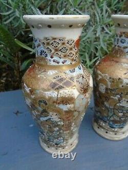 Japanese satsuma pair of vases with hand painted figures and gold gilt work