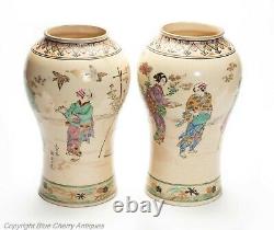 Kinkozan Satsuma Ware Pottery Vases Kyo-Yaki Kyoto Very Large Pair Meiji