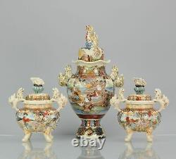 Large 1900-1930 Satsuma Antique Garniture Japanese Colorfull Vases Japan