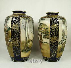 Large Antique Japanese Pottery Meiji Cobalt Blue Satsuma Pair of Vases Signed