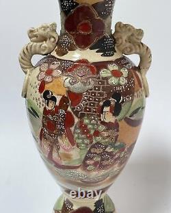 Large Antique Japanese Satsuma Moriage Vase Twin Dragon Handles Signed