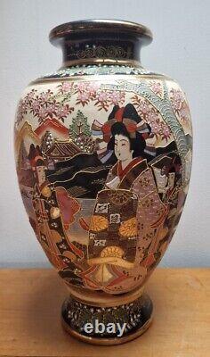 Large Antique Japanese Satsuma Vase hand painted moriage blue geisha 14.5