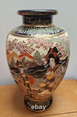 Large Antique Japanese Satsuma Vase hand painted moriage blue geisha 14.5