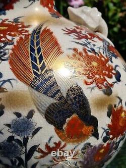 Large Antique Satsuma Crackle Glaze Vase Lamp Base Hand Painted With Gold