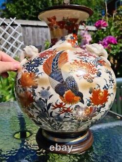 Large Antique Satsuma Crackle Glaze Vase Lamp Base Hand Painted With Gold